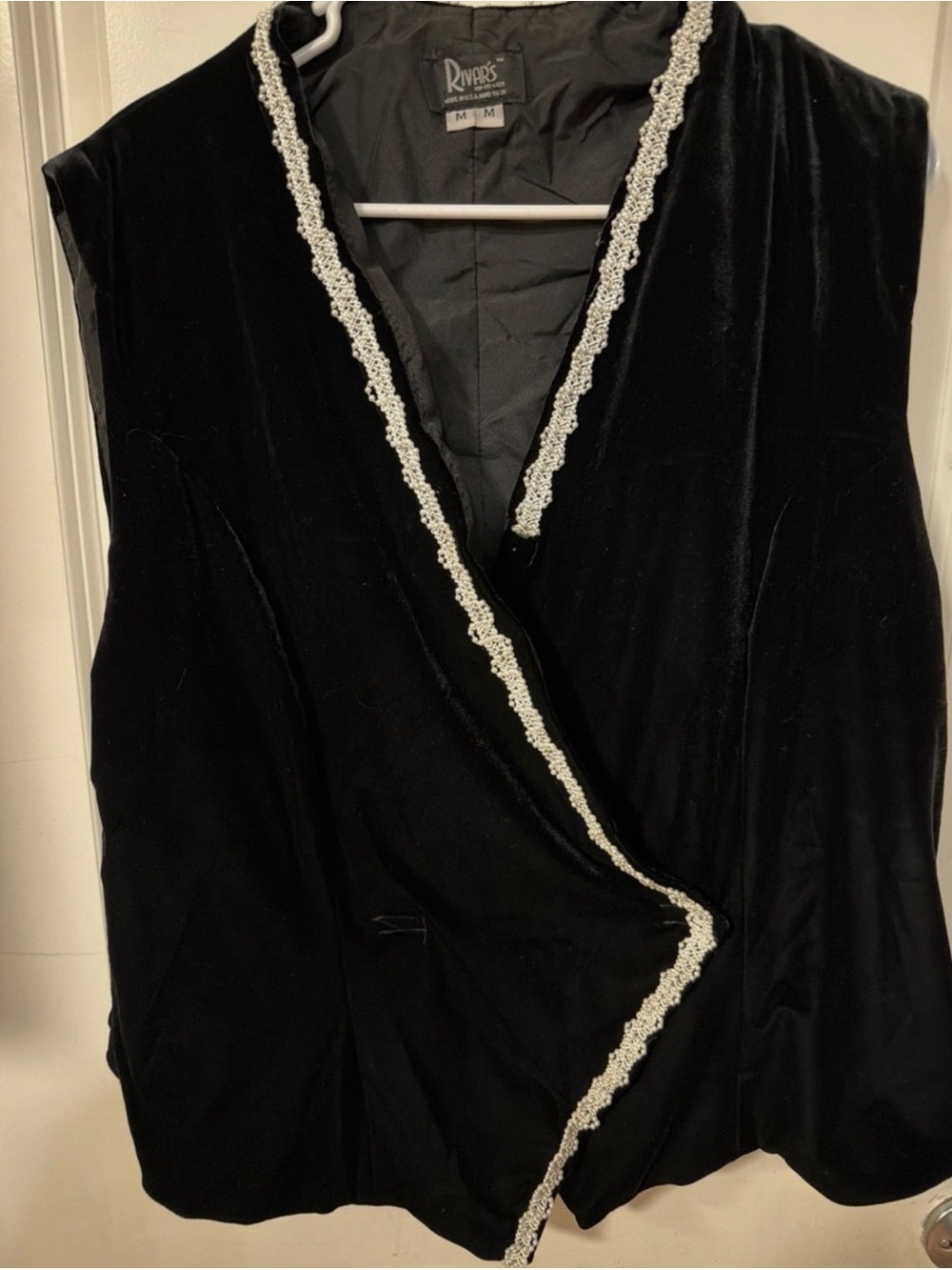 Vintage 90s Rivars Black Velvet Vest with Ivory Lace Trim